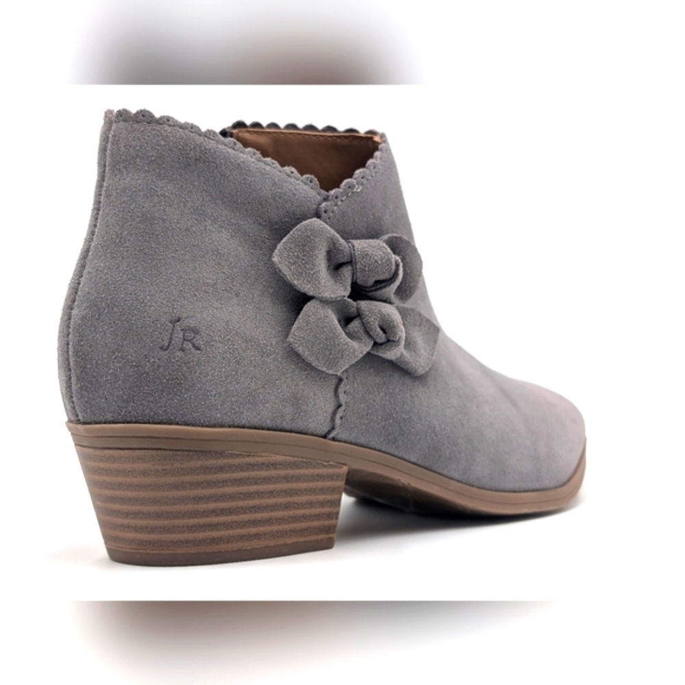 Jack Rogers Kali Grey Suede Ankle Bootie Sz US 7.5M/EU 38 Scalloped Trim withBow - Picture 8 of 17